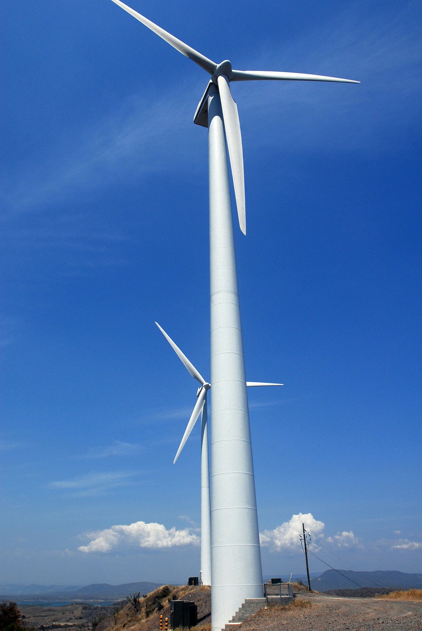 wind turbines, sky, clouds